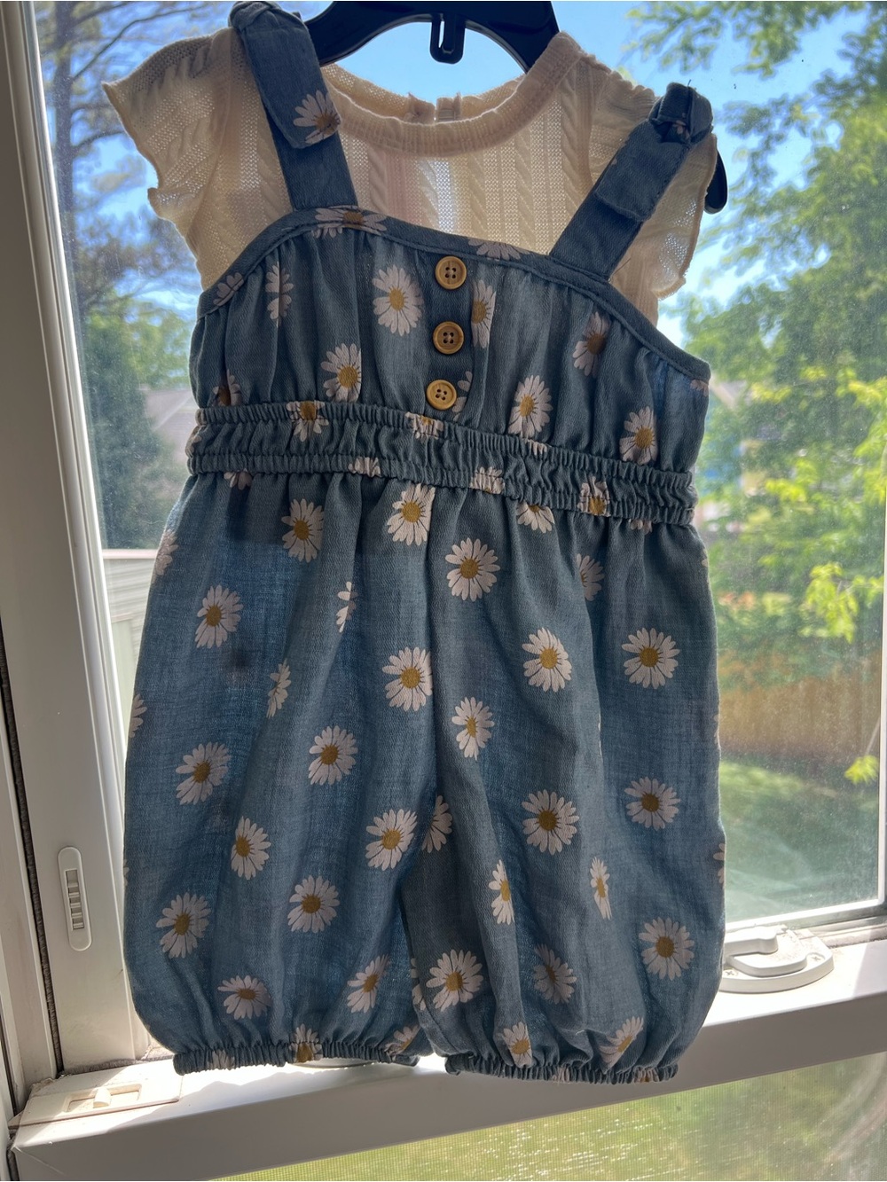 Baby Daisy Print Chambray Bubble Romper - Blue